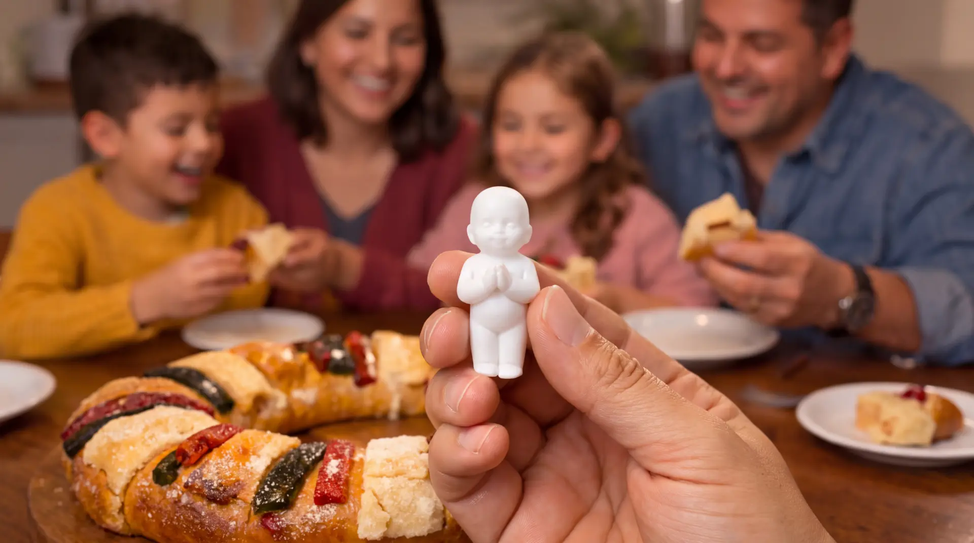 A family sharing Rosca de Reyes at the table while a hand holds up the muñequito found inside