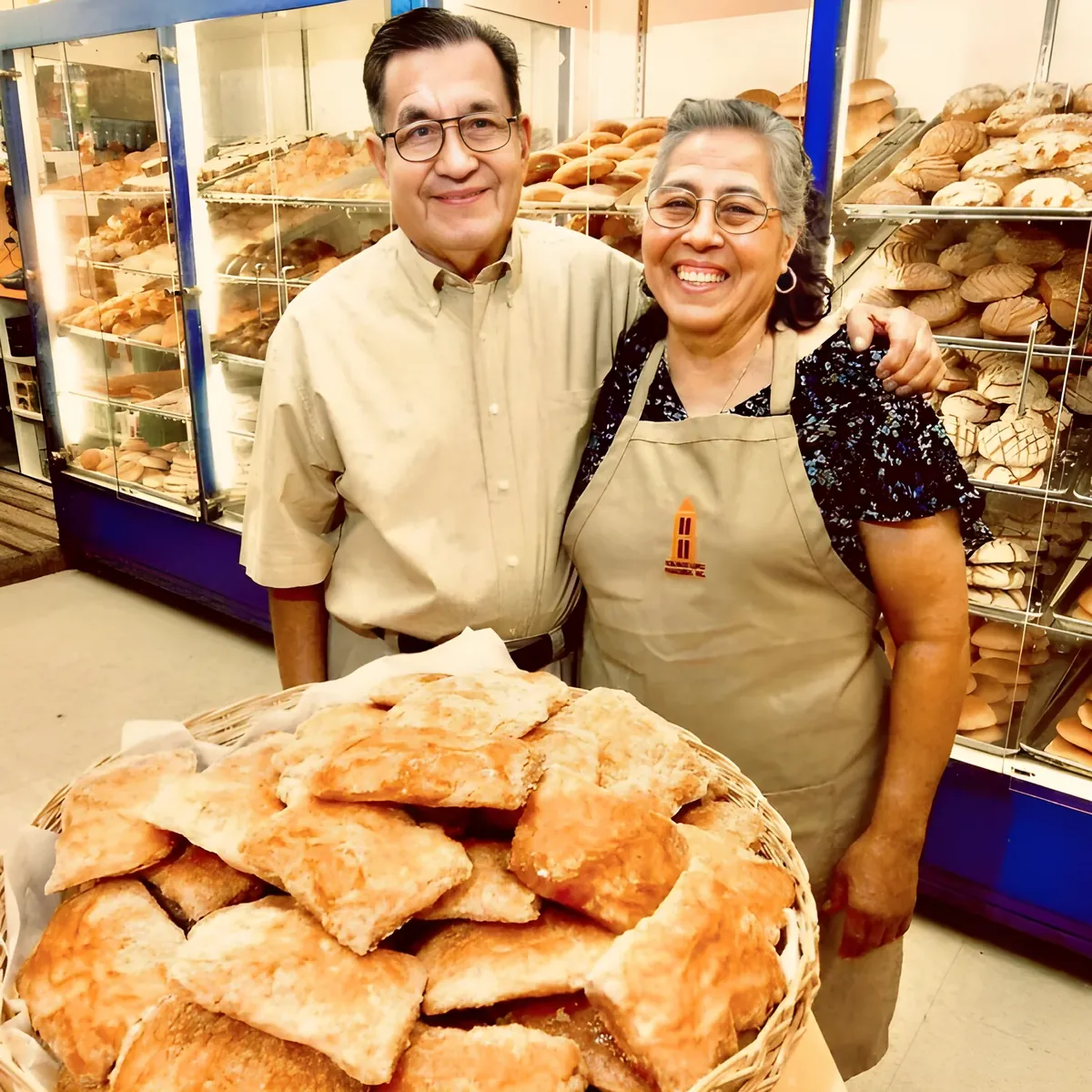 Francisco and Leonila López behind the counter of their bakery, holding a basket of fresh bread