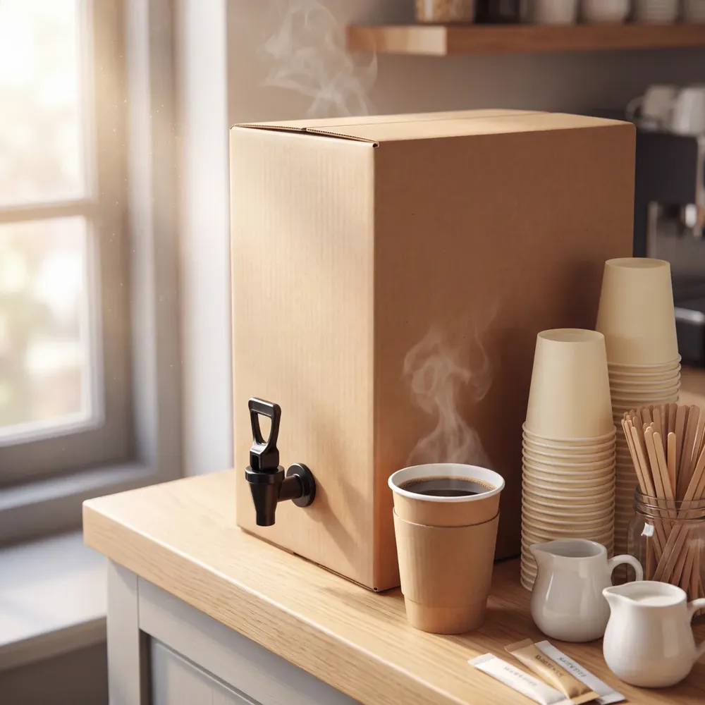 Boxed coffee dispenser with cups, milk and sugar