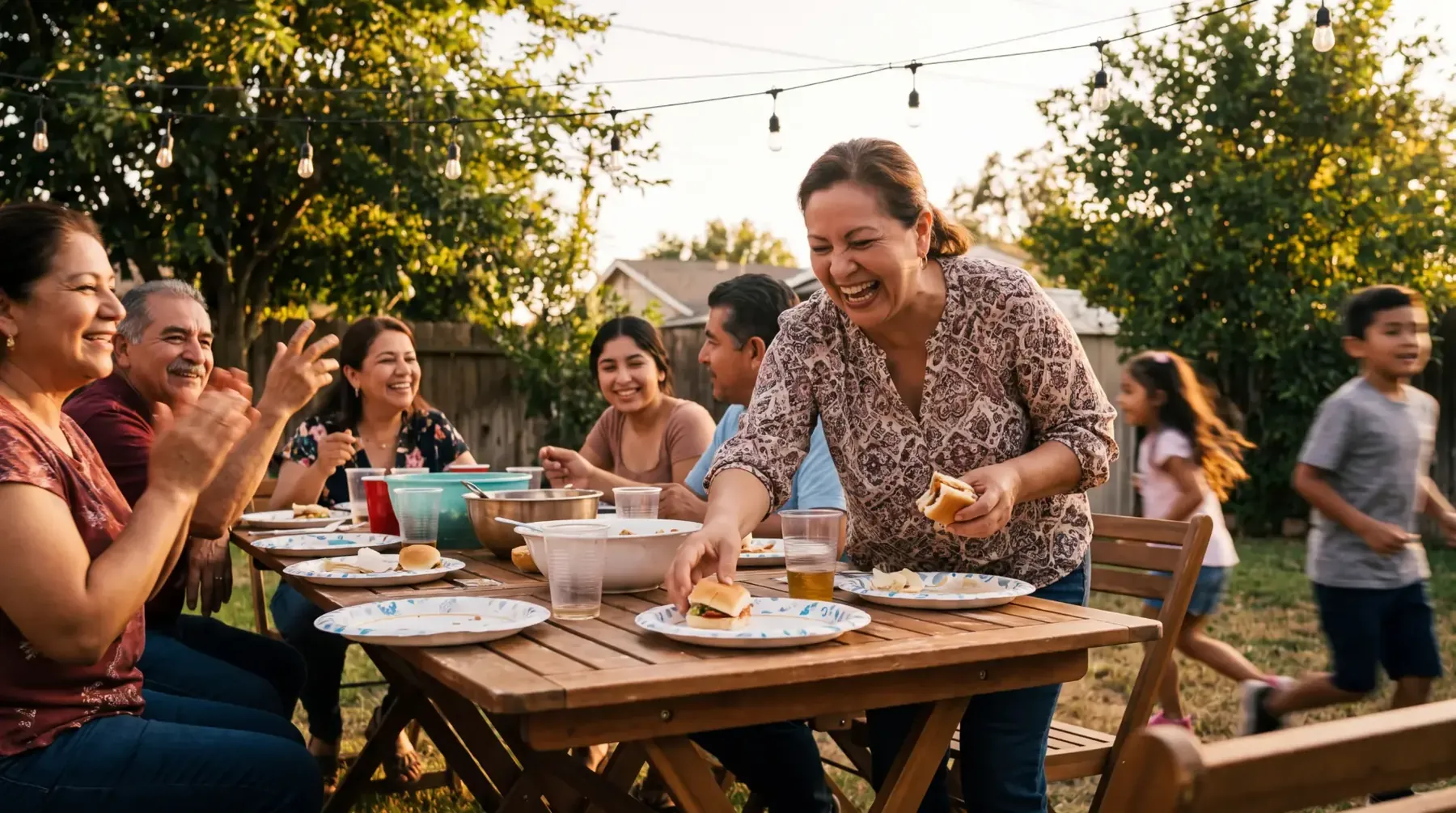 A family laughing around a backyard table sharing tortas and pan dulce at golden hour