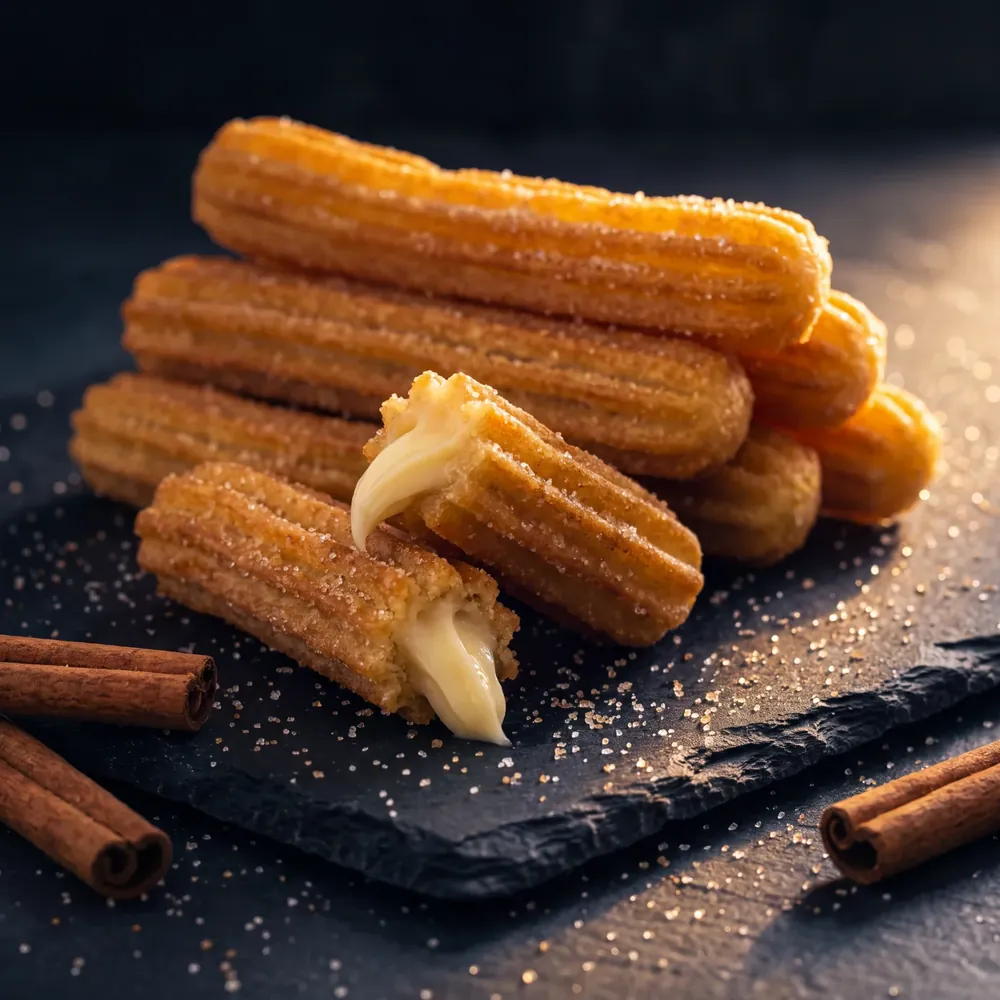 Churros filled with Bavarian cream, dusted in cinnamon sugar