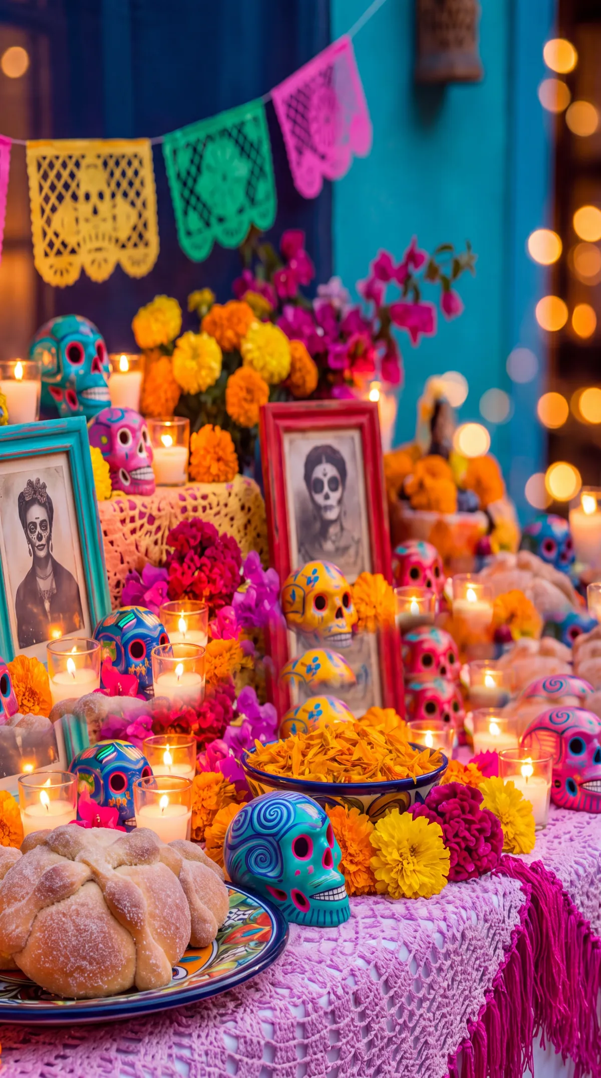 A Día de Muertos ofrenda under papel picado, pan de muerto, painted sugar skulls, marigolds and candles