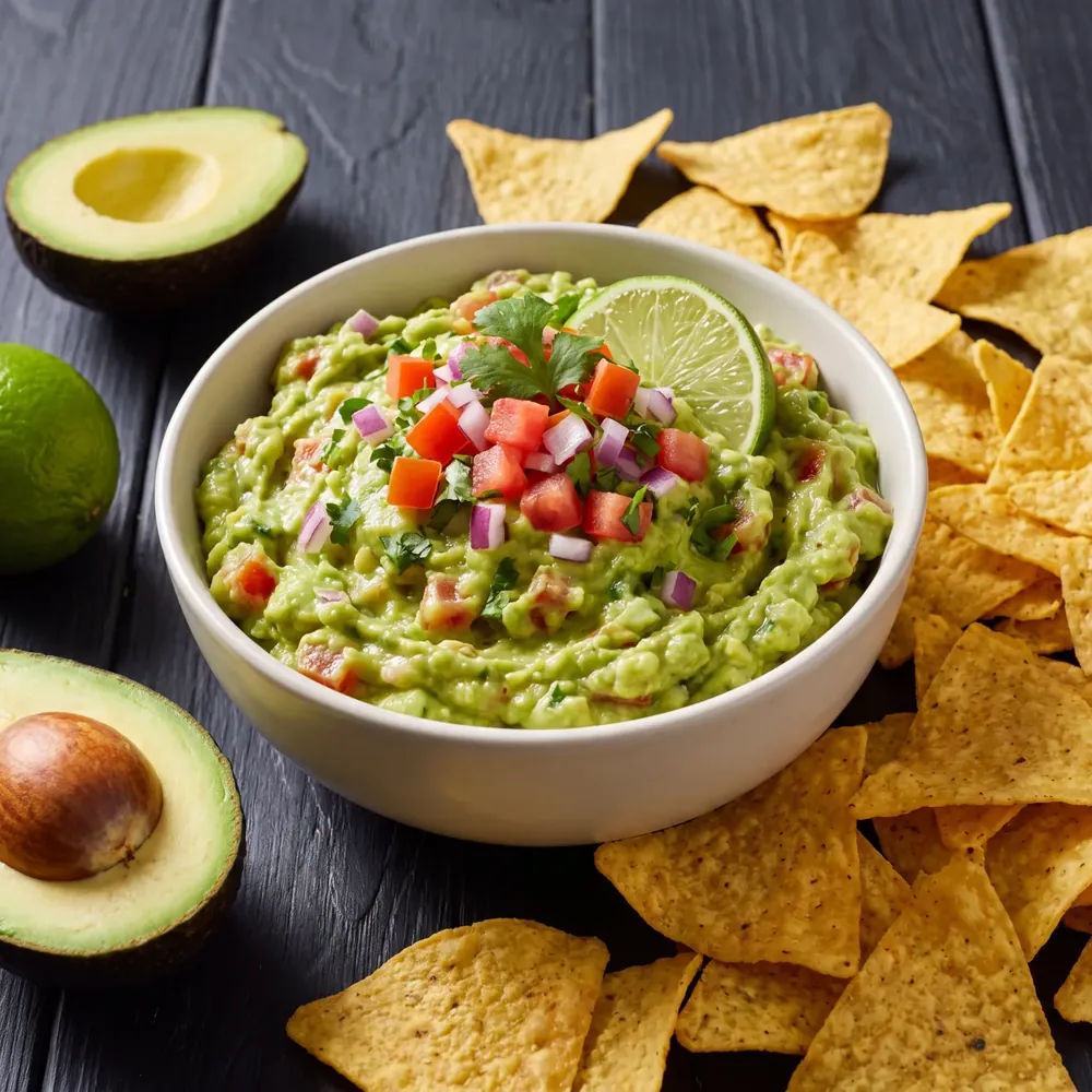 Bowl of guacamole surrounded by tortilla chips