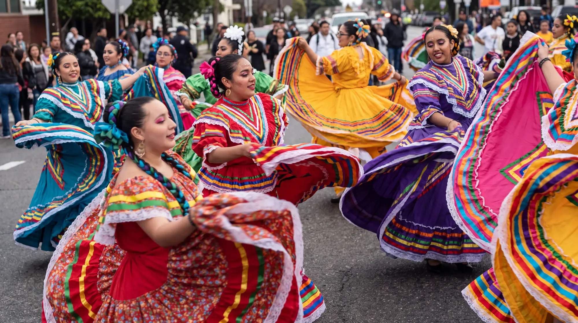 Folklórico dancers in traditional dress at a Hispanic Heritage celebration