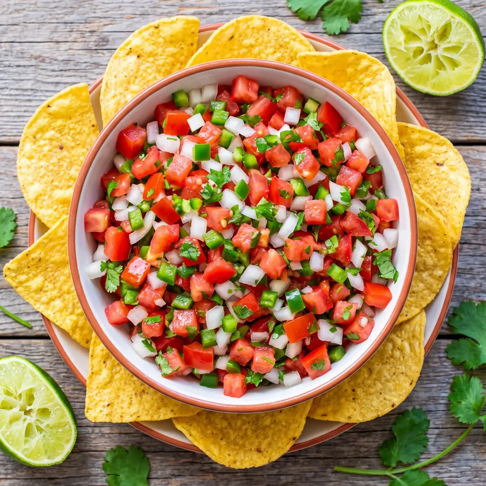 Bowl of pico de gallo surrounded by tortilla chips