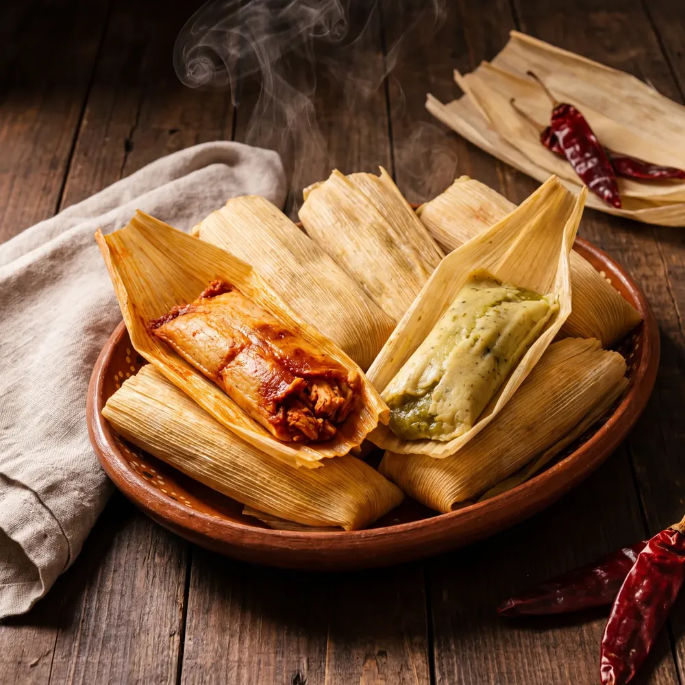 Plate of tamales in corn husks