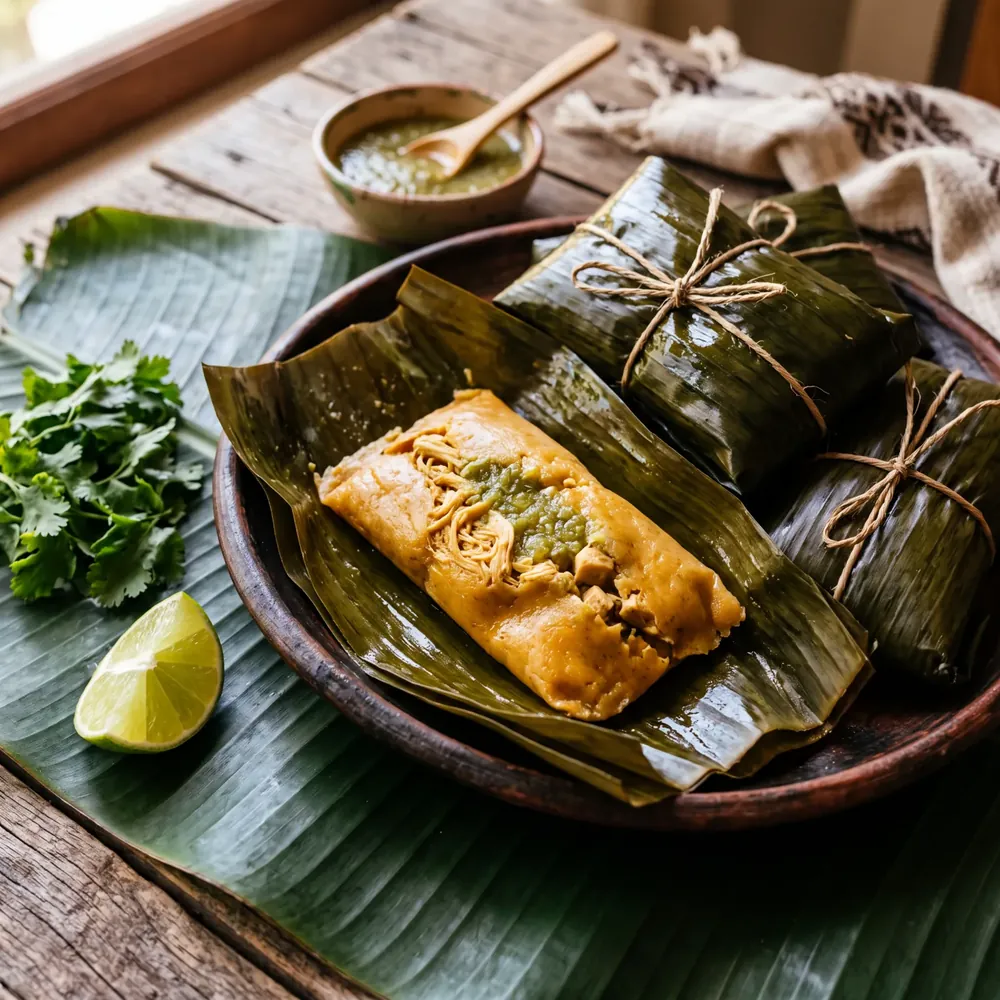 Tamales jarochos wrapped in banana leaf