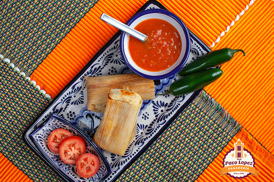 Tamal de Rajas con pollo/ Tomate sauce w Chicken and Jalapeño slice